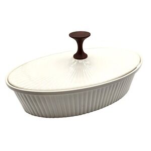 Ernest Sohn Creations White Ribbed Oval Casserole Dish Teak Handle Mid-Century